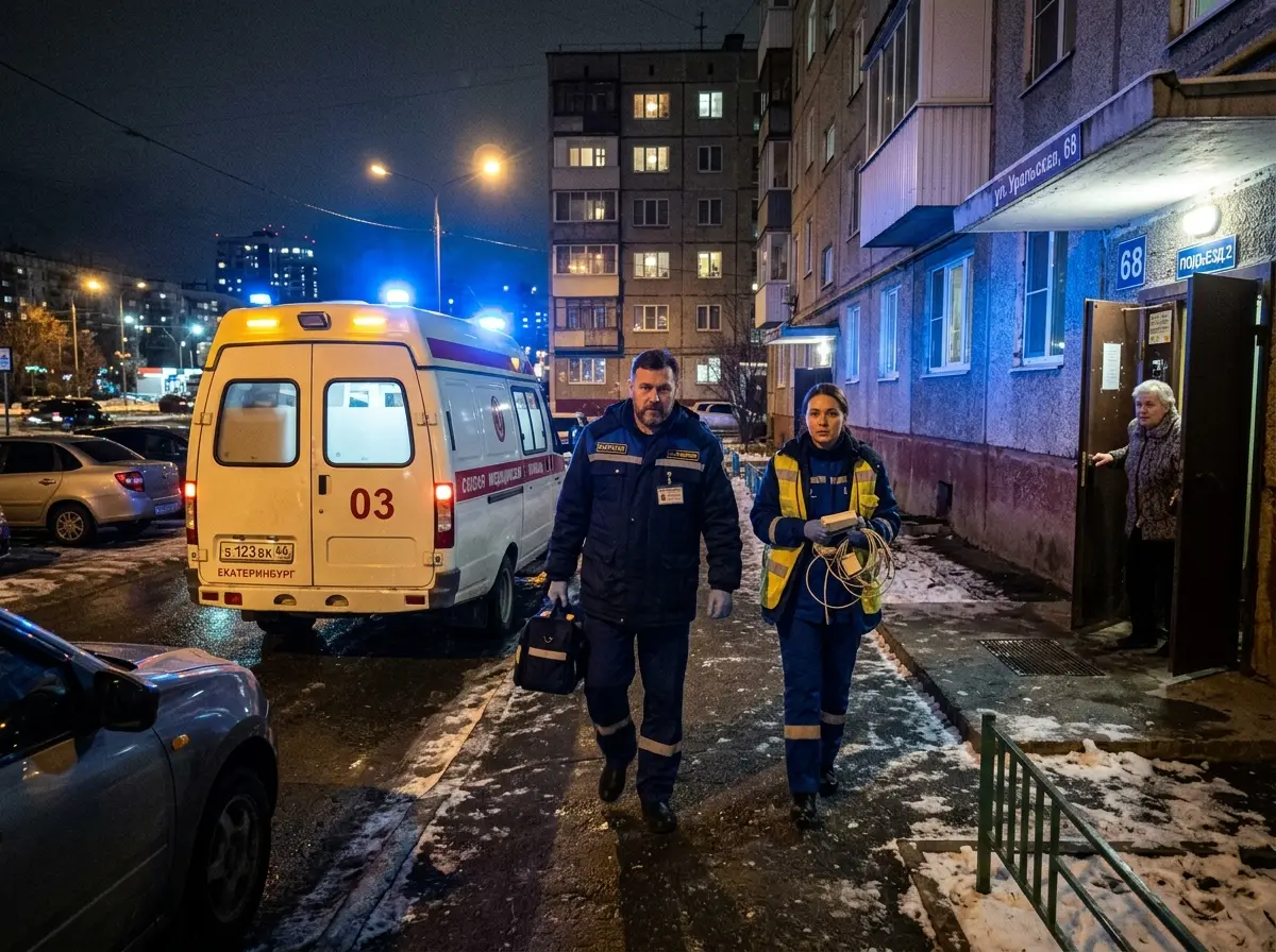 Врач-нарколог выезжает к пациенту на дом ночью, городская улица Екатеринбурга, экстренная медицинская помощь, атмосфера срочности и профессионализма
