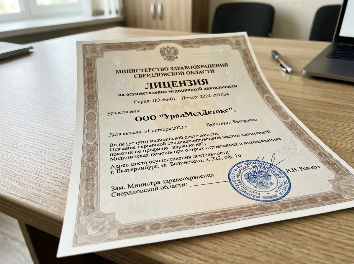 Лицензия на осуществление медицинской деятельности ООО УралМедДетокс, официальный документ с печатью Министерства здравоохранения Свердловской области