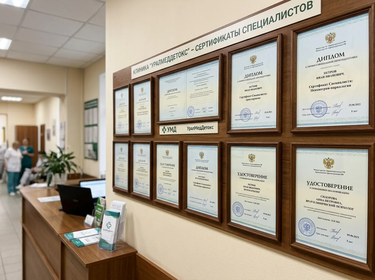 Сертификаты специалистов врачей-наркологов клиники УралМедДетокс, документы о профессиональной квалификации и повышении квалификации